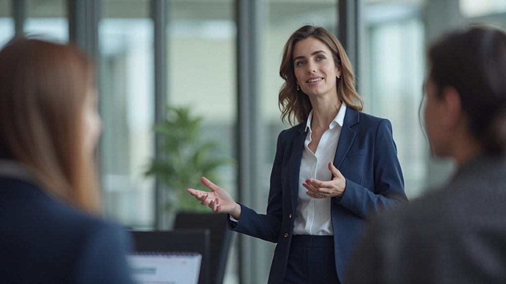 Женщина проводит профессиональную презентацию перед командой в конференц-зале